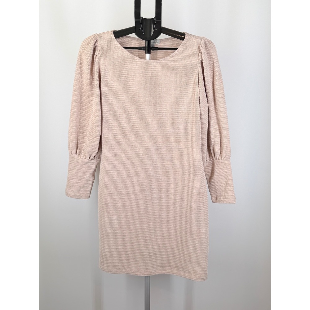 Chenault Womens Pink Waffle Knit Puff Sleeve Shift Dress Large